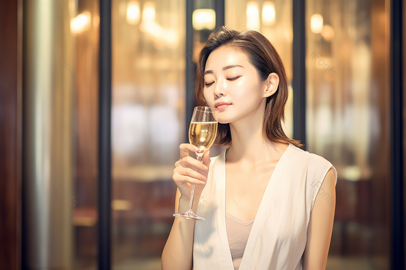 实拍黄色灯光美女品鉴香槟,高清,摄影图,摄影图片,图片大全,摄影图免费下载